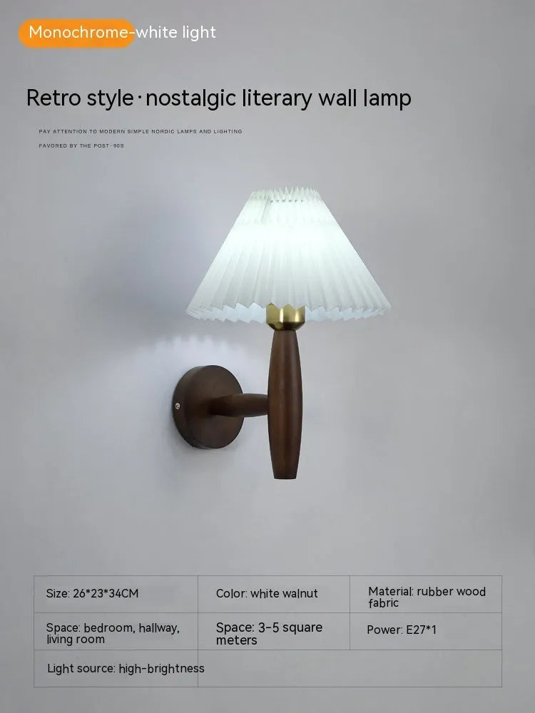 American retro style wall lamp with fabric shade and wooden frame in bedside setting