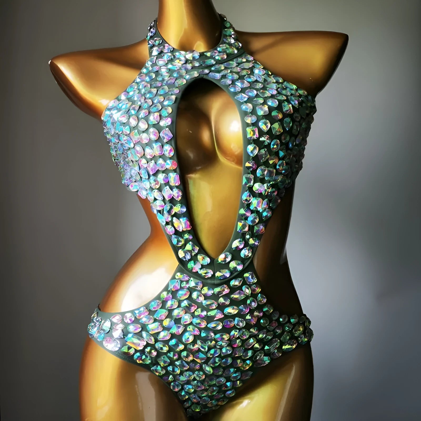 Women's black one-piece swimsuit with diamond mesh pattern and polyester lining
