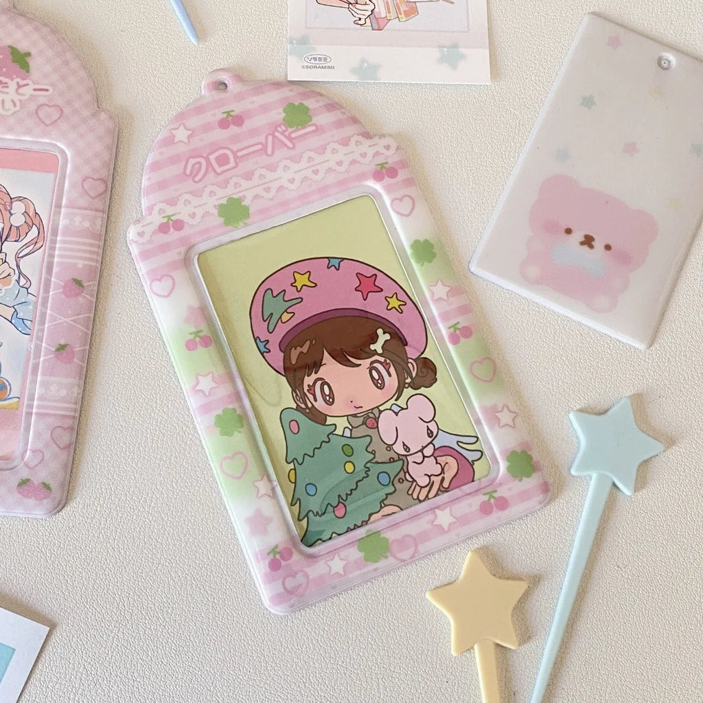 Cartoon PVC meal card holder in strawberry or four-leaf clover design measuring 7.6 by 13.6 cm