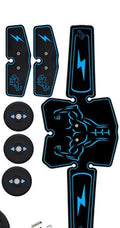 EMS abdominal muscle stimulator with three blue hosts, belt and adhesive pads on a surface