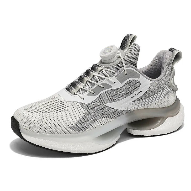 Low-top running shoes with rotating buckle closure in fly-knit mesh construction