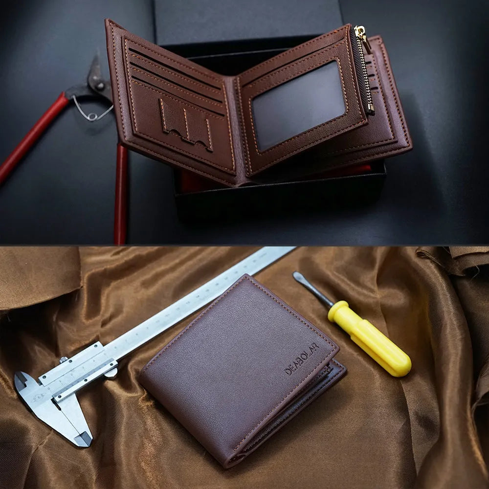 Men's brown leather wallet with a silver zipper fastening, shown open to reveal multiple card slots.