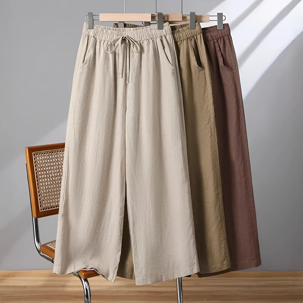 Women's straight-leg casual pants with elastic drawstring waist in apricot colour