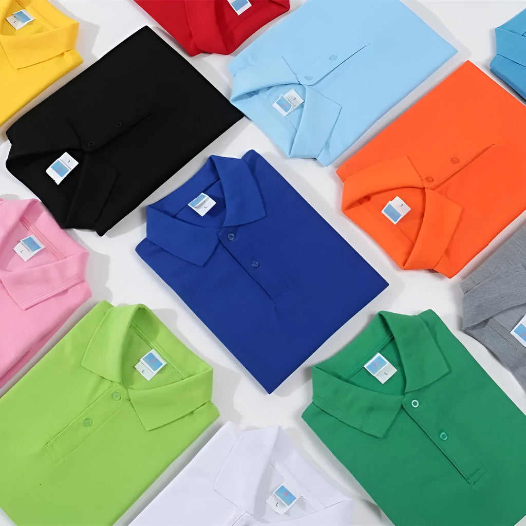 Men's short-sleeved cotton work shirt on a hanger, straight pullover style for embroidery.