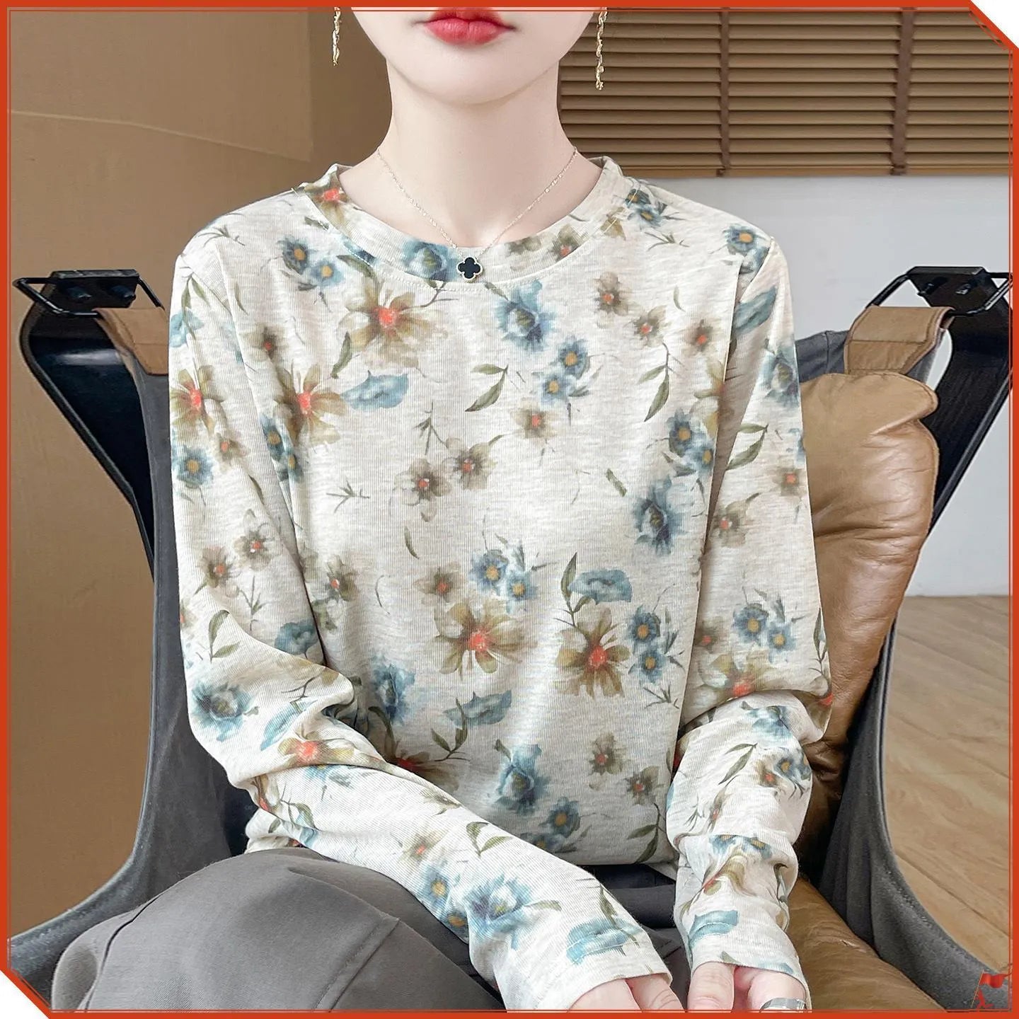 Women's round neck Tencel cotton pullover shirt with floral print, shown in a basic style with regular sleeves.