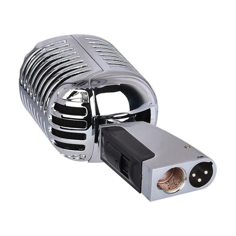 Retro black or silver metal wired microphone with cardioid pickup for stage and home use.