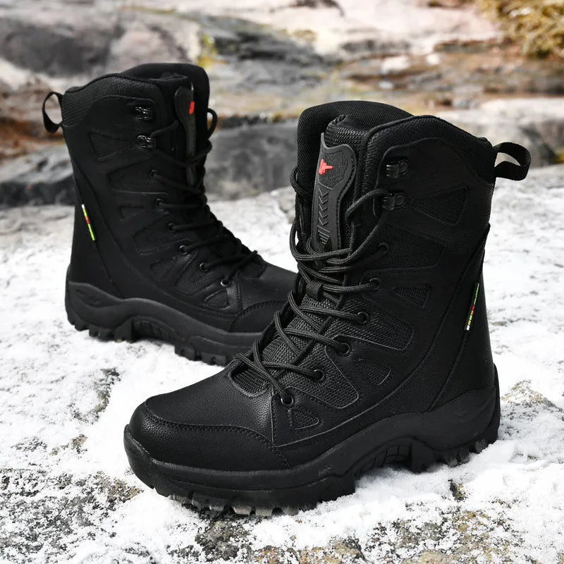 Men's beige cowhide leather hi-top hiking shoes with a platform sole, on a neutral background.