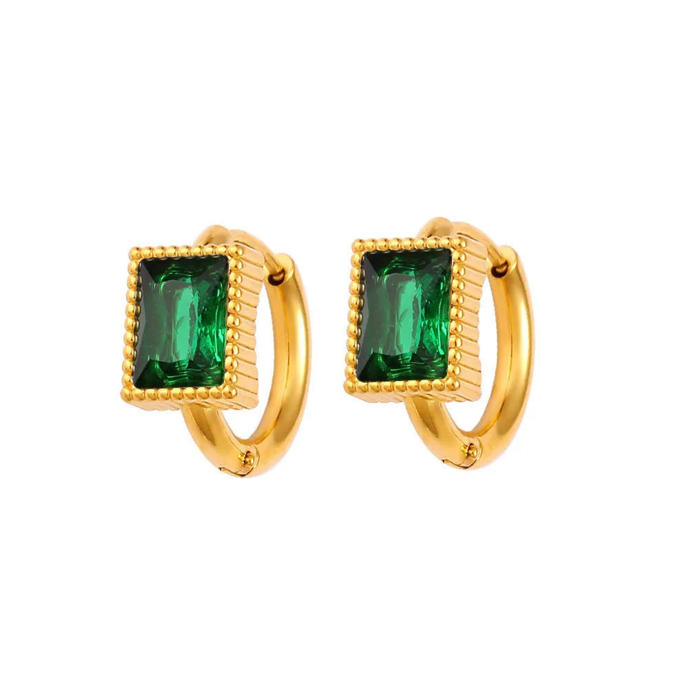 Square zircon stainless steel earrings with geometric design in white, black and green colours