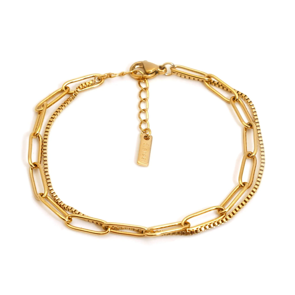 Double layer titanium steel women's bracelet with geometric line pattern in gold or silver finish