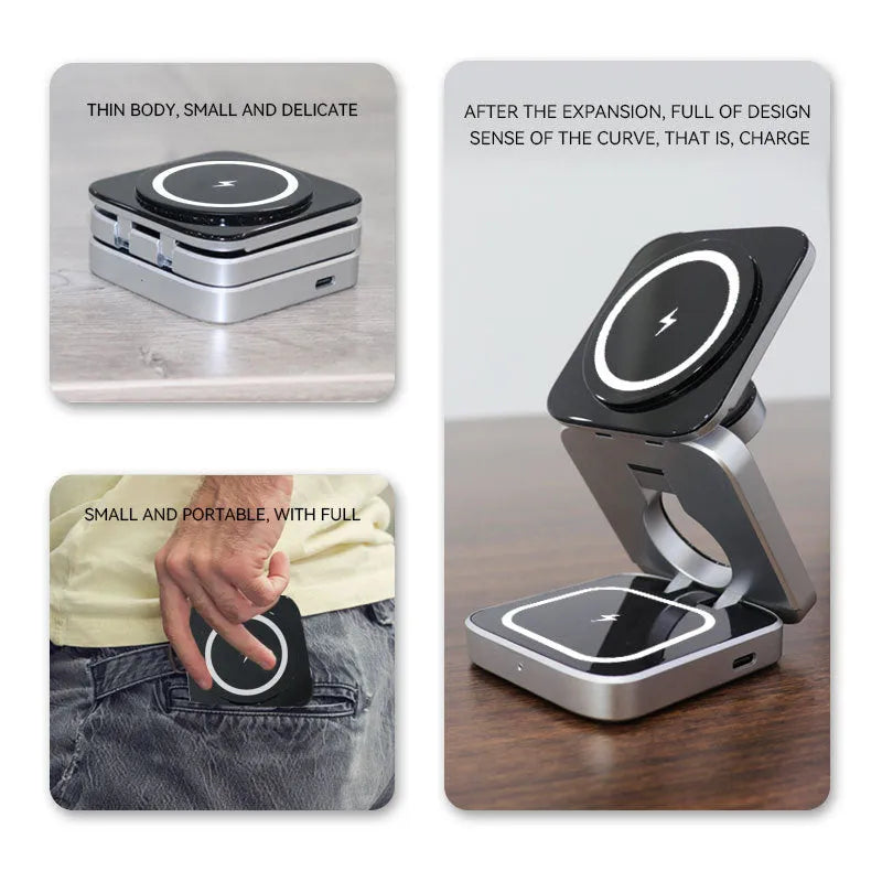 Foldable three-in-one wireless charging bracket for Apple, Samsung phones, and Google Pixel Watch on a desk.