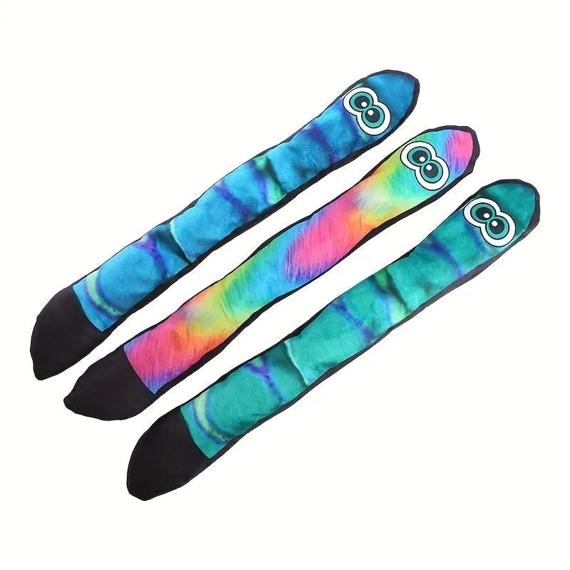 Snake-shaped plush dog squeaky toy with multicolor stripe print design