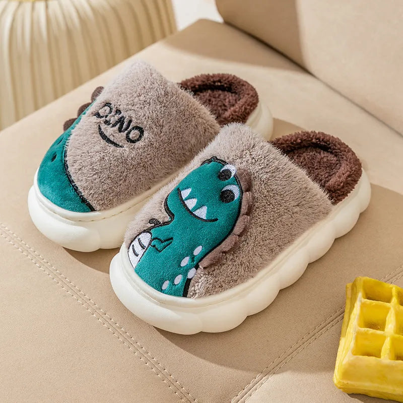 Plush cotton couple slippers in dinosaur design, available in grey, coffee and orange, showing thickened sole.