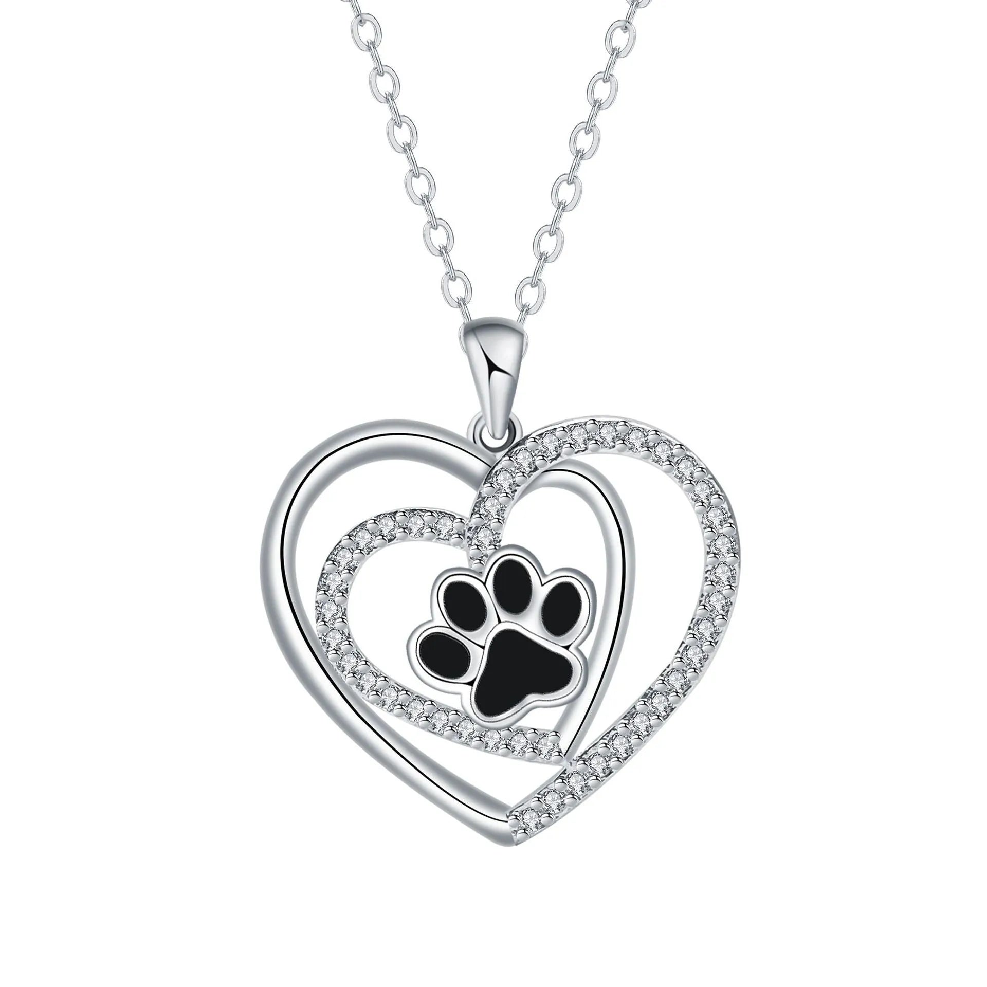 Women's dog paw print necklace with heart-shaped pendant on a cross chain.