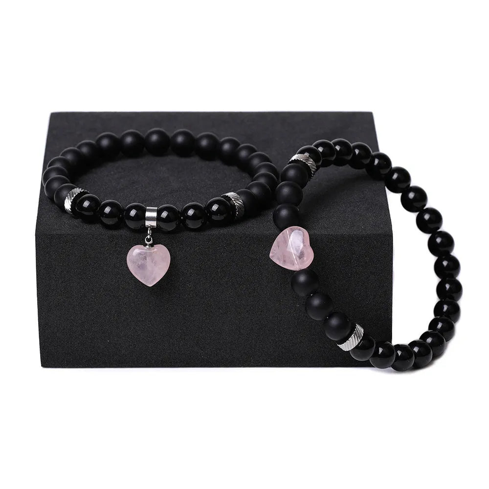 Natural stone couple matching bracelets with geometric heart design in eight colour variations