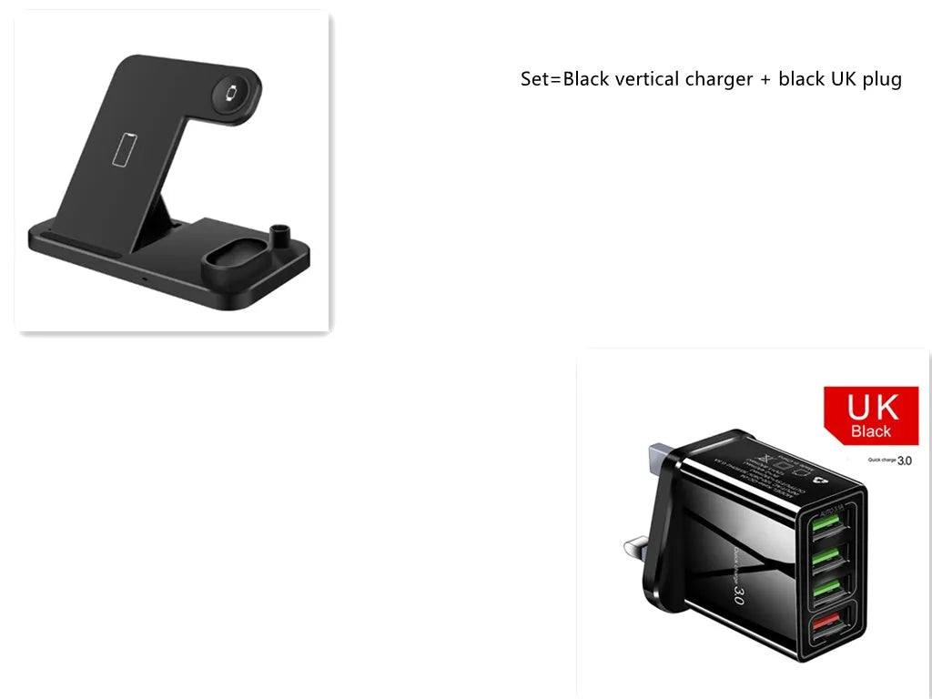 4-in-1 wireless charging station showing iPhone, Apple Watch, AirPods and Apple Pencil charging simultaneously on adjustable stand