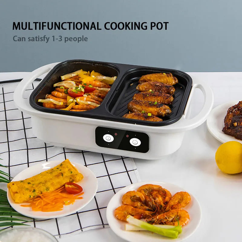White or green dual-function electric caldron and frying oven appliance for 2-3 people.