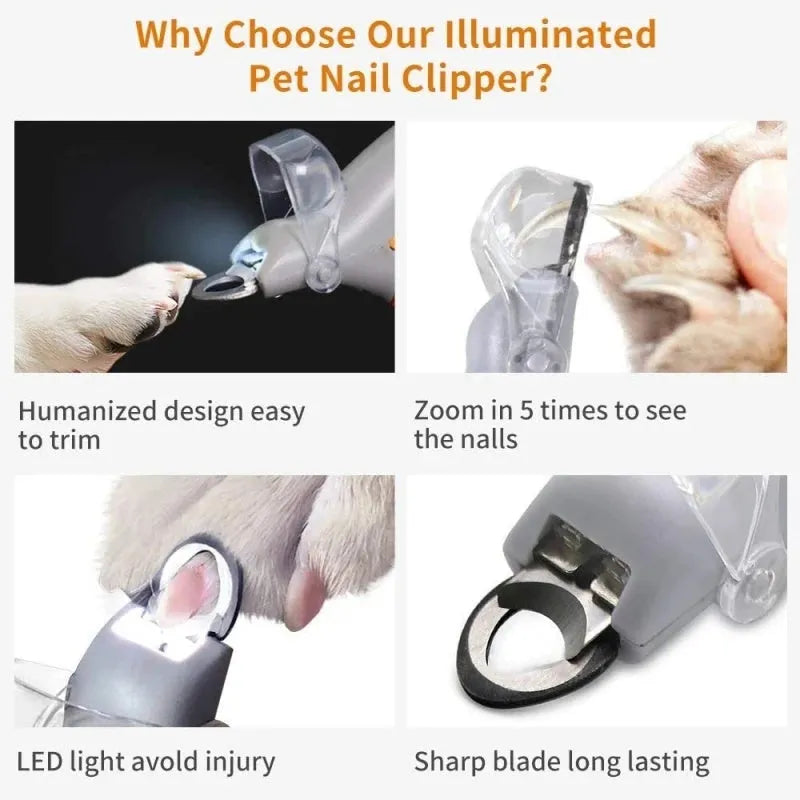 Yellow pet nail clippers for dogs and cats with built-in LED light and magnifying glass
