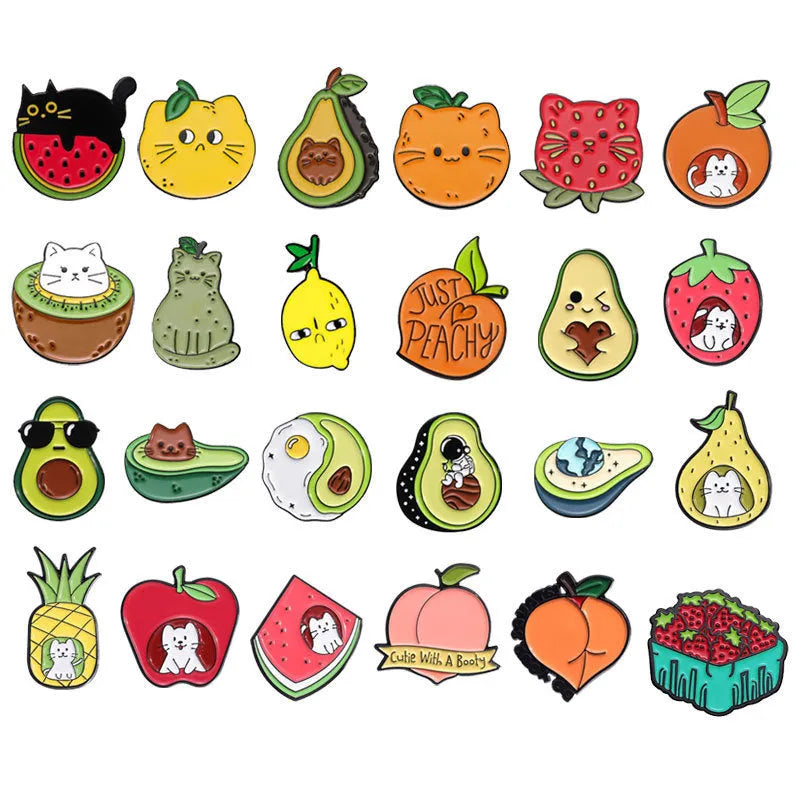 Colourful cartoon fruit and letter shaped zinc alloy brooch pin on fabric