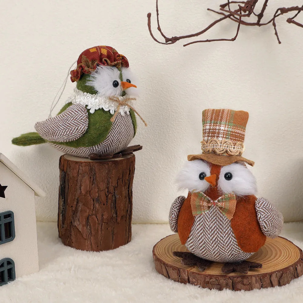 Green fabric owl harvest bird pendant ornament with hanging loop for Thanksgiving decor