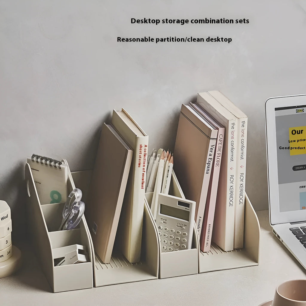 Desktop storage box with two-tier grid compartments in ivory white or milk coffee colour