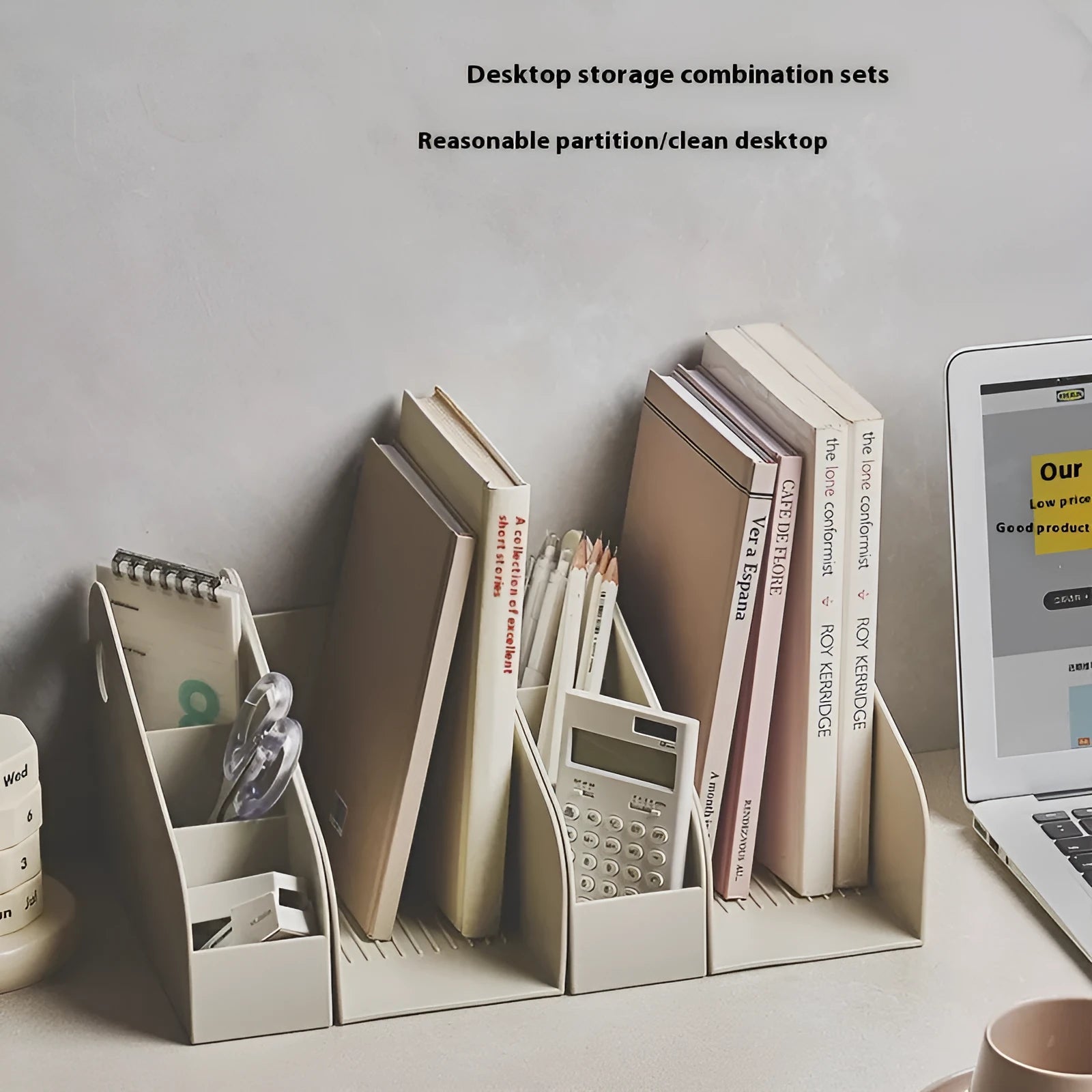 Desktop storage box with two-tier grid compartments in ivory white or milk coffee colour