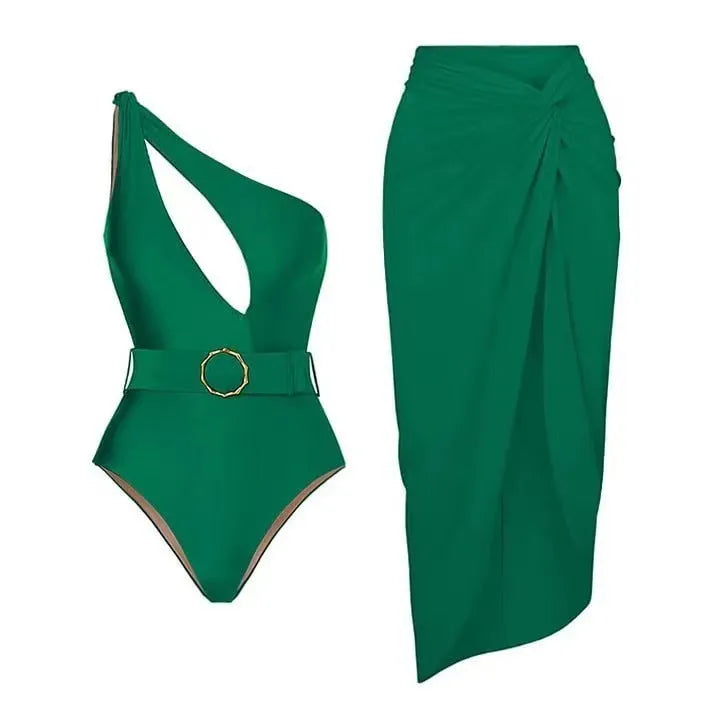 Women's one-piece swimsuit with skirt in polyester fabric for swimming activities