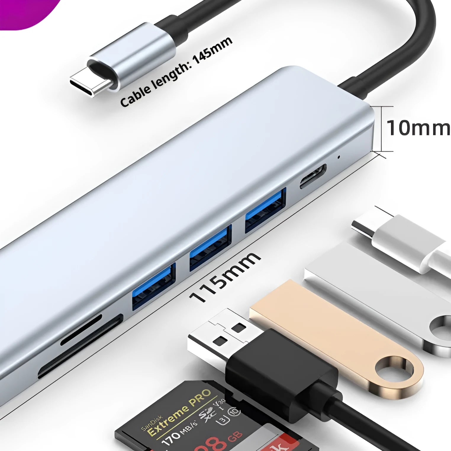 Seven-in-one Type-C USB expander hub with 14.5cm cable showing multiple interface ports