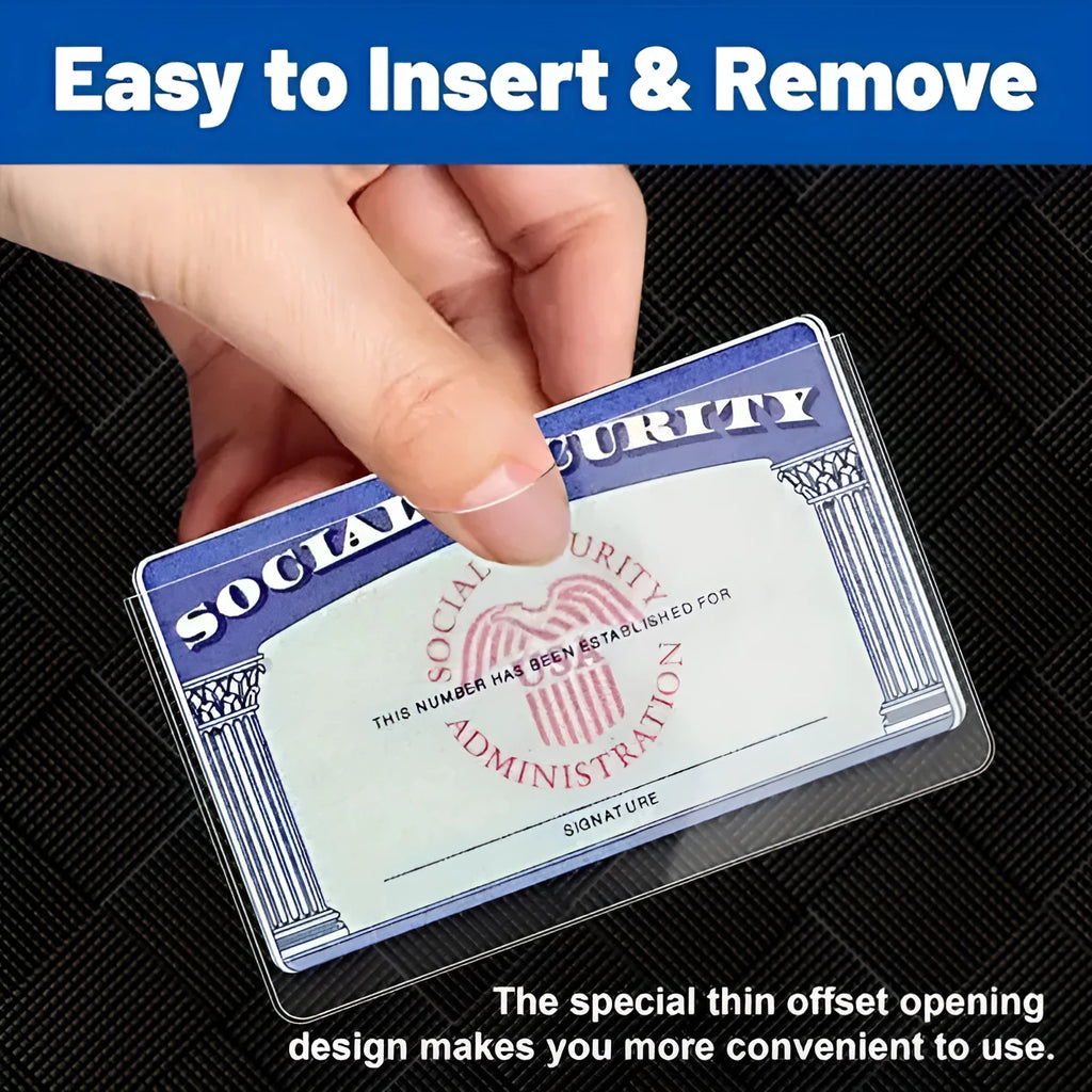 Thickened transparent PVC social security card holder showing dimensions 9.7cm by 5.9cm.