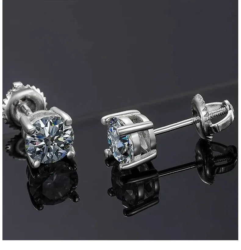 Silver four-claw screw-back stud earrings with a geometric moissanite stone.