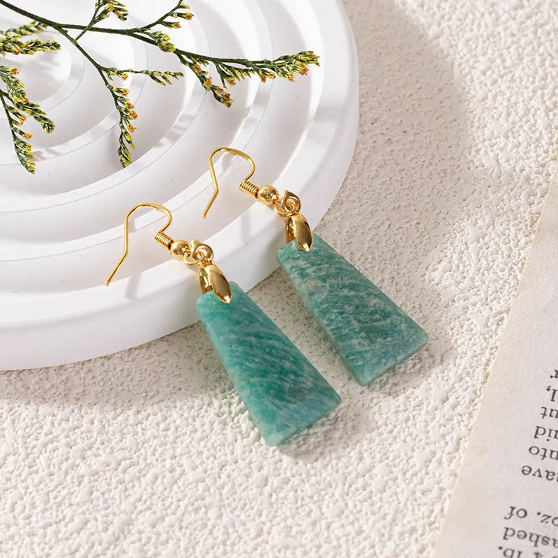 Amazonite rough stone geometric trapezoid earrings with octagon and quadrangle design in gold or silver finish