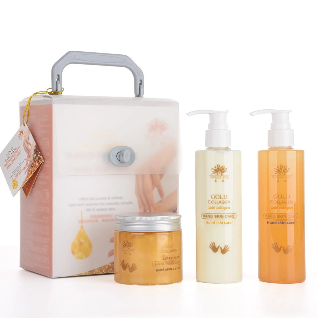 Gold Collagen Hand Care Set Standard Specification with six products and rose essential oil