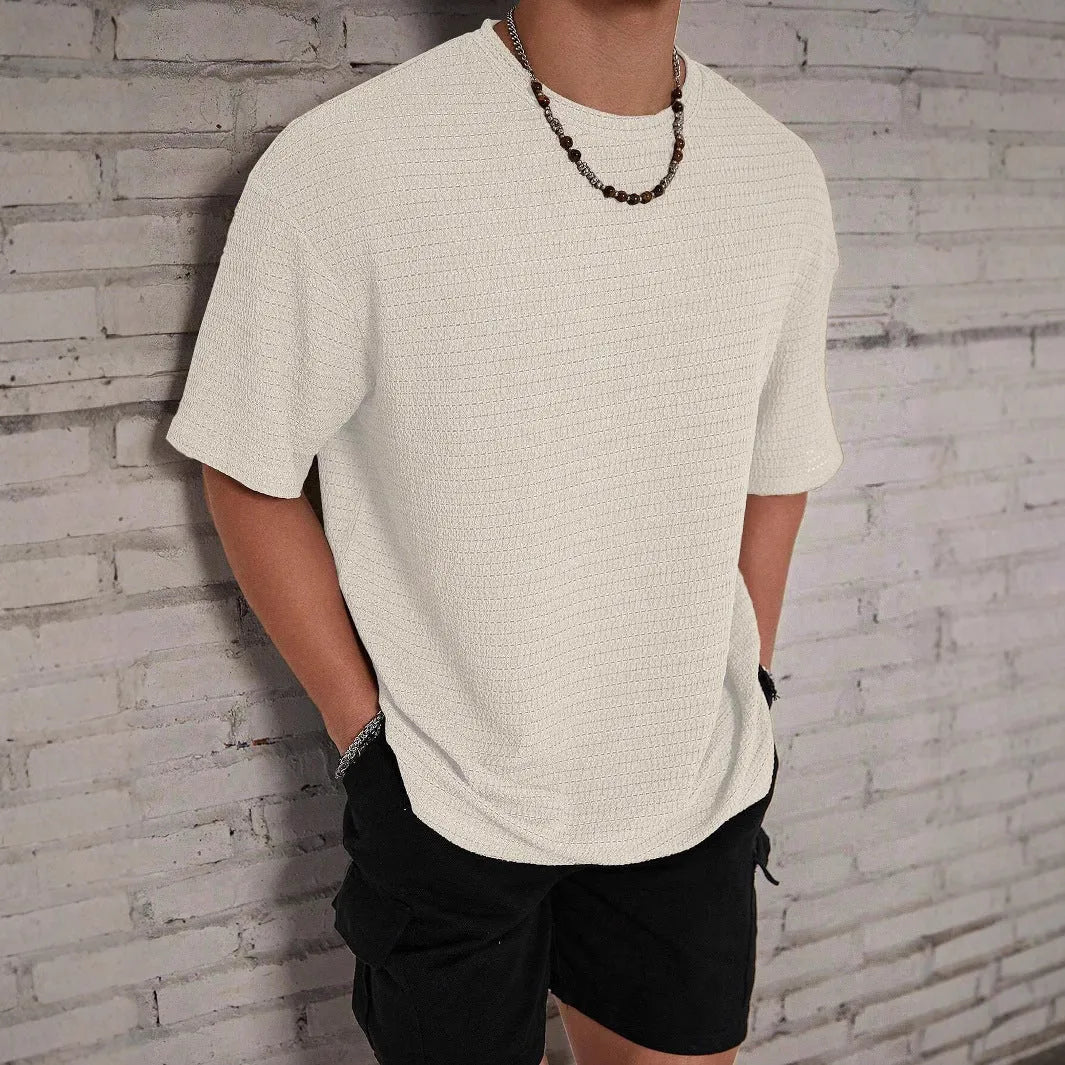 Men's loose fit round neck polyester t-shirt in light blue solid colour