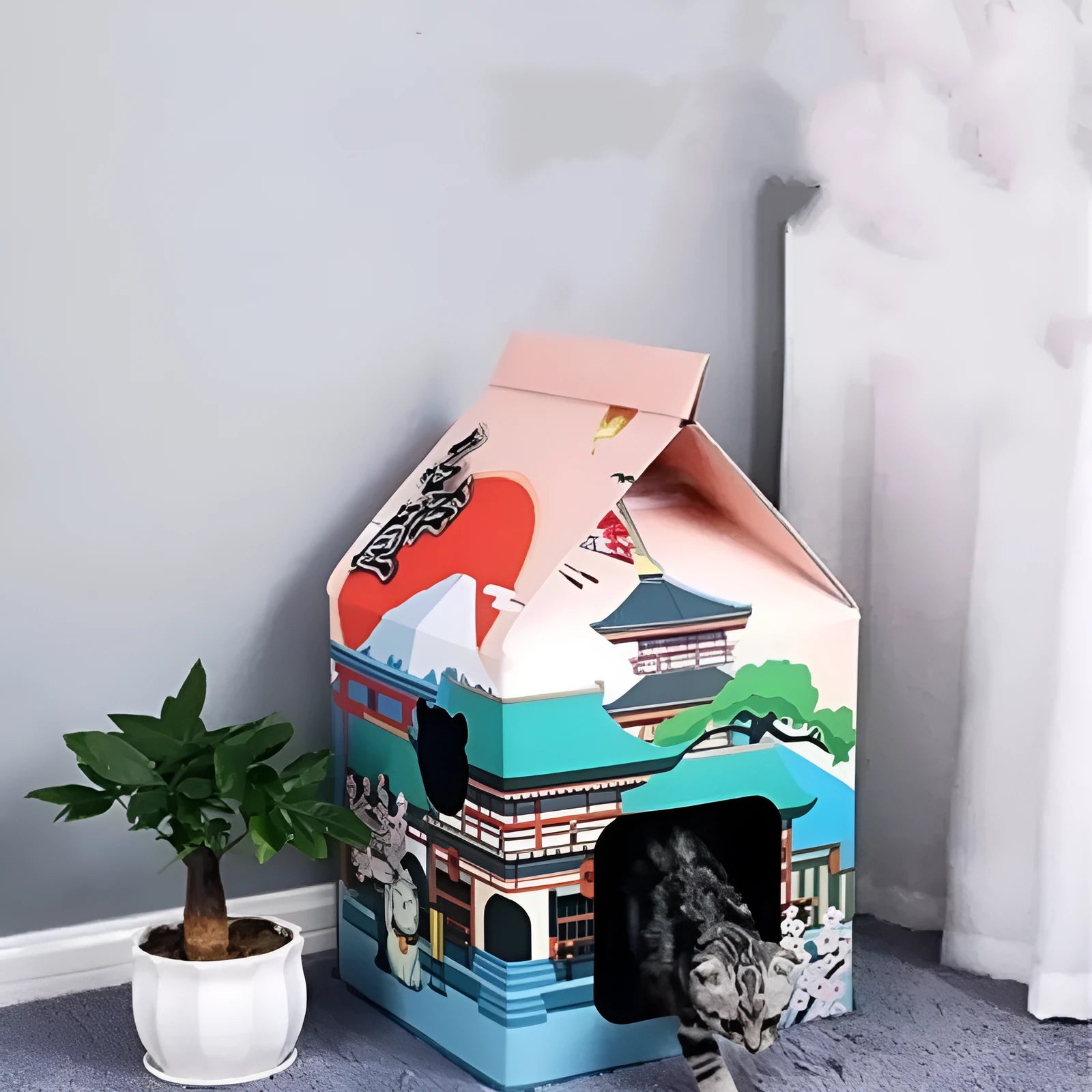 Foldable corrugated cardboard cat scratching board with Nagoya pattern, shown as a flat scratcher and a formed cat nest bed.