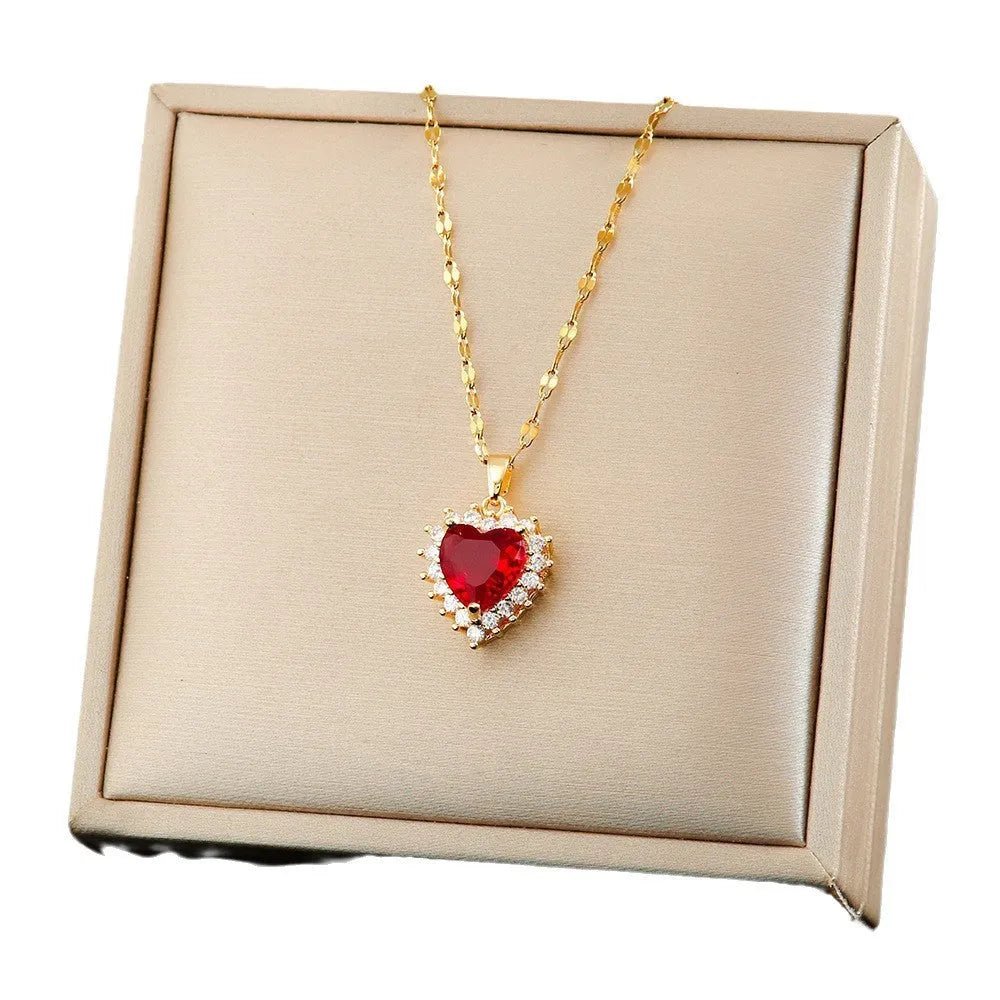Gold red titanium steel heart pendant necklace with mixed gem inlay and water wave chain