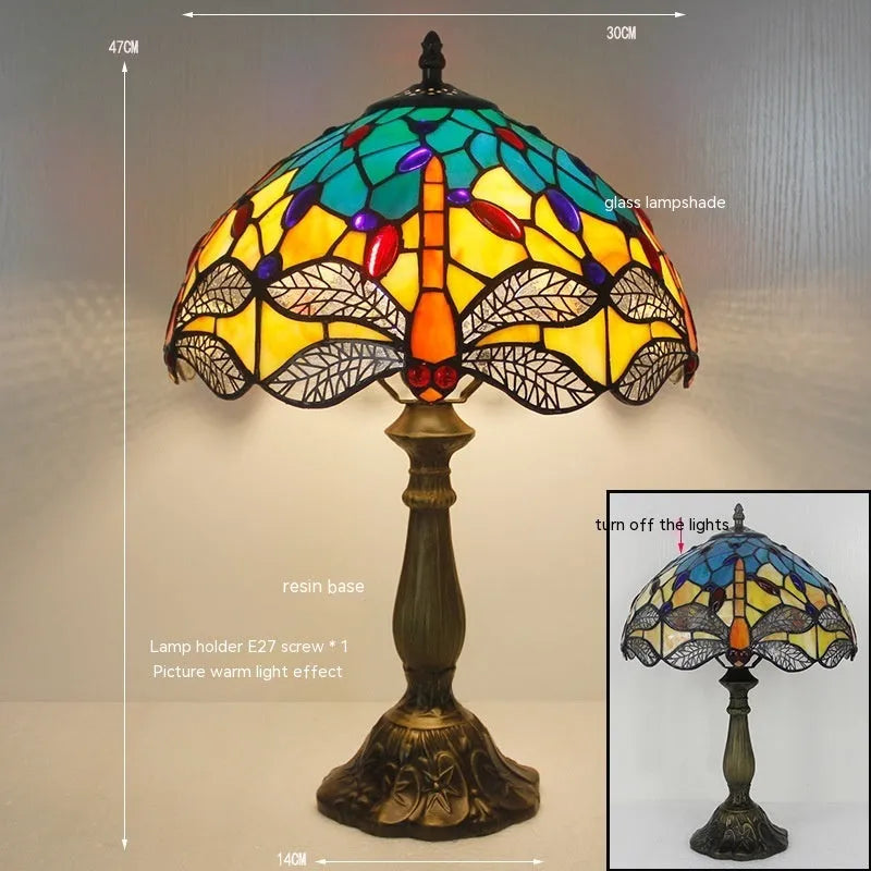 Stone table lamp with Tiffany-style dragonfly decoration in European design