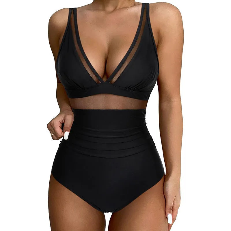 Black mesh halter one-piece swimsuit for women with brief style cut