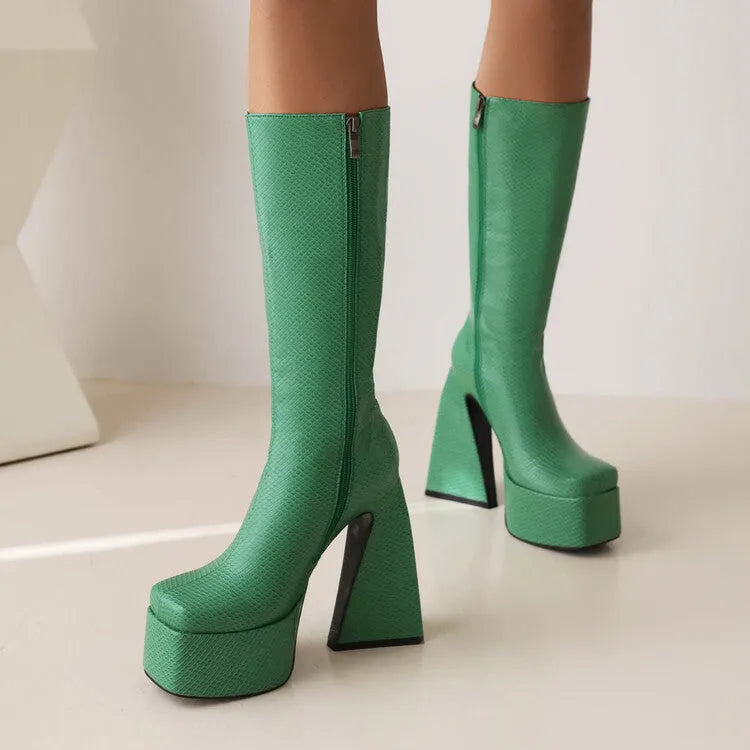 Women's casual high boots in artificial PU leather, shown in black, red, blue, and white colour options.