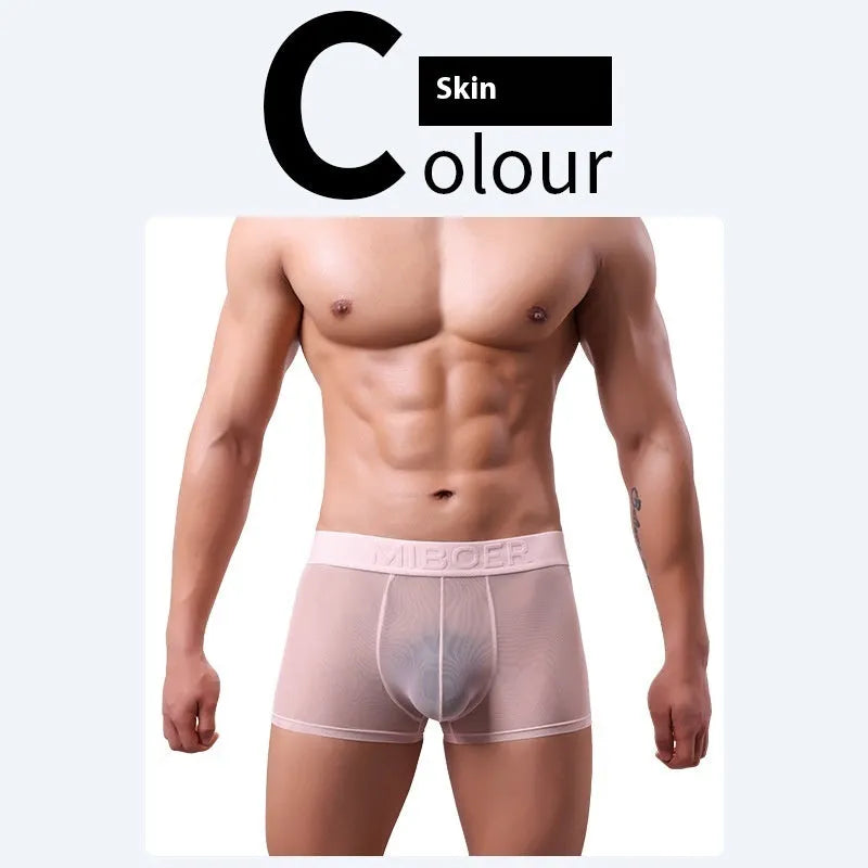 Men's thin polyester boxer shorts in six solid colours on a white background.