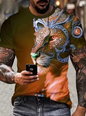Men's grey t-shirt with 3D lion face printing on front