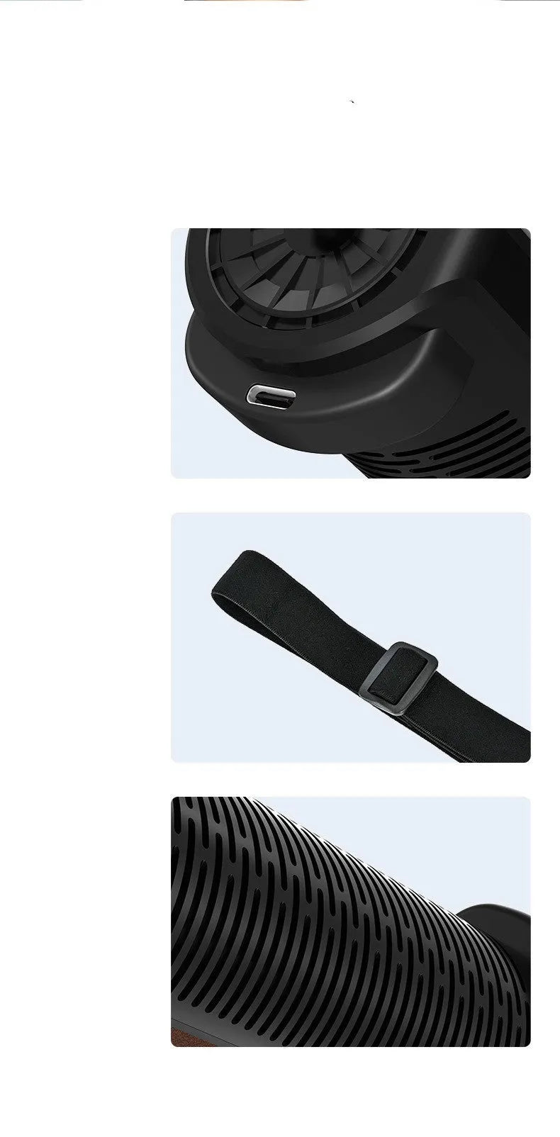 Bladeless car mount fan with USB power cord in black colour showing compact dimensions