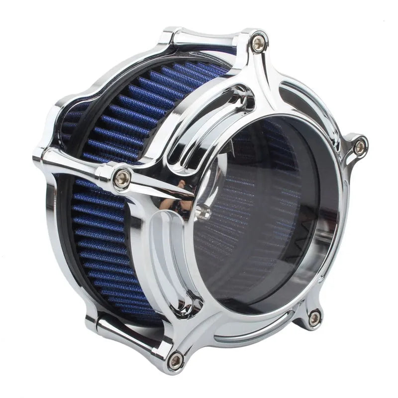 Aluminium air filter retrofit kit in red and blue electroplated finishes with suction accessories.