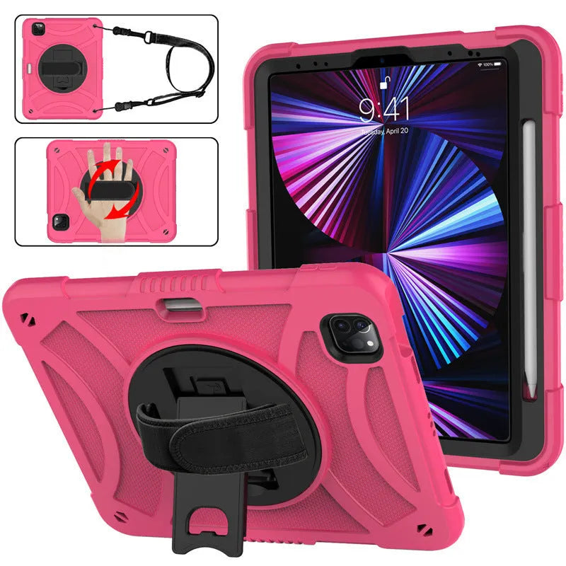 Rotating bracket strap silicone protective case for iPad in rose gold colour, showing the integrated stand.
