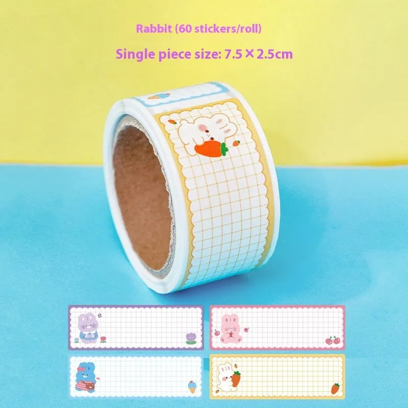Roll of colourful cartoon stickers showing dinosaur, astronaut, rabbit, and girl design options for labelling.