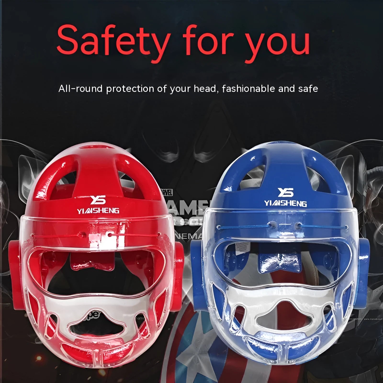Karate boxing head protection helmet shown in white, blue, and red colour options.