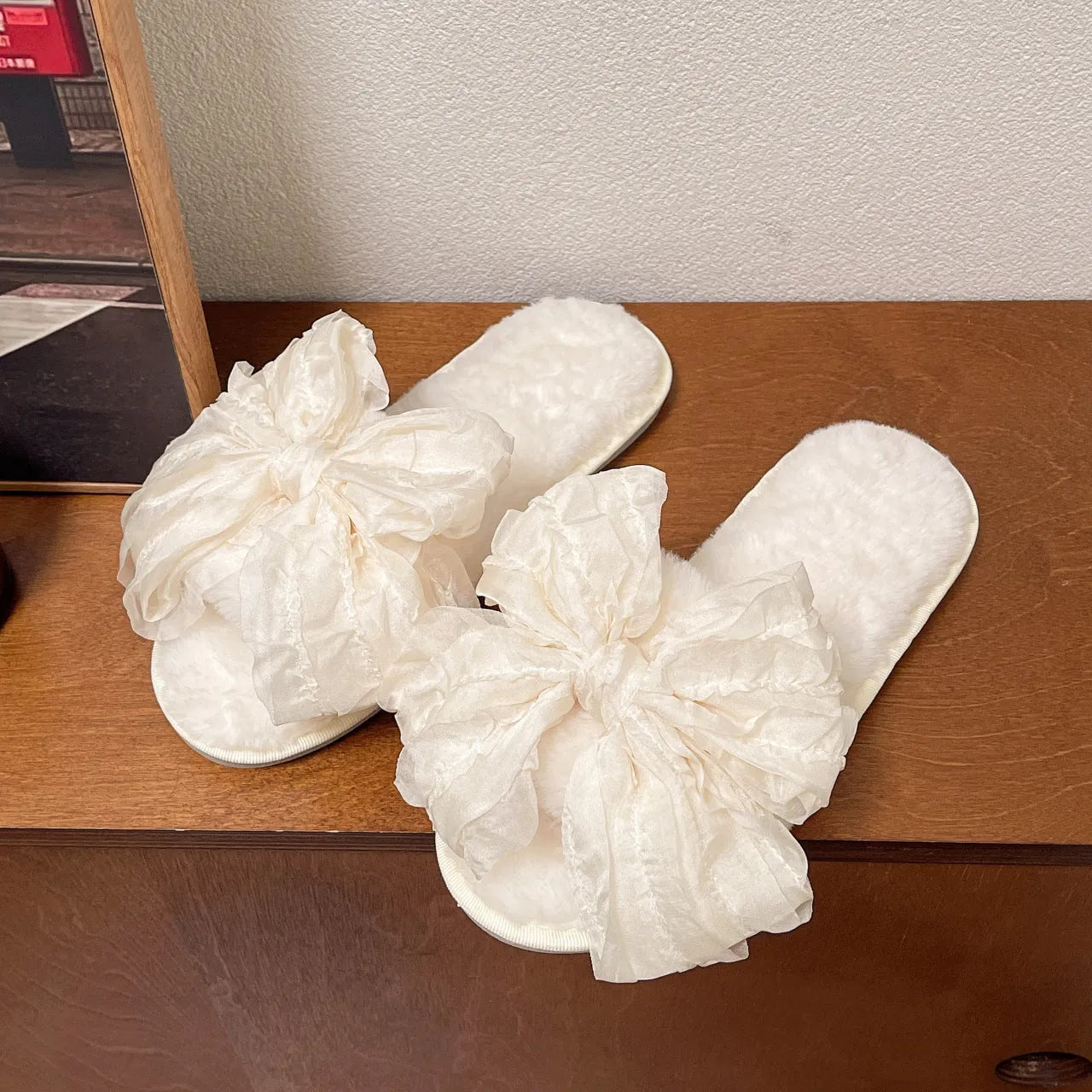 Women's big bow cotton slippers with plush upper and TPR sole, available in pink, white, and green sizes 36-41