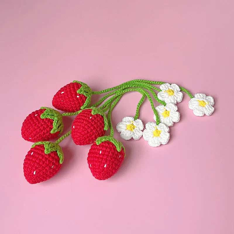 Wool crochet strawberry pendant necklace with hand-crocheted charm on 35cm chain