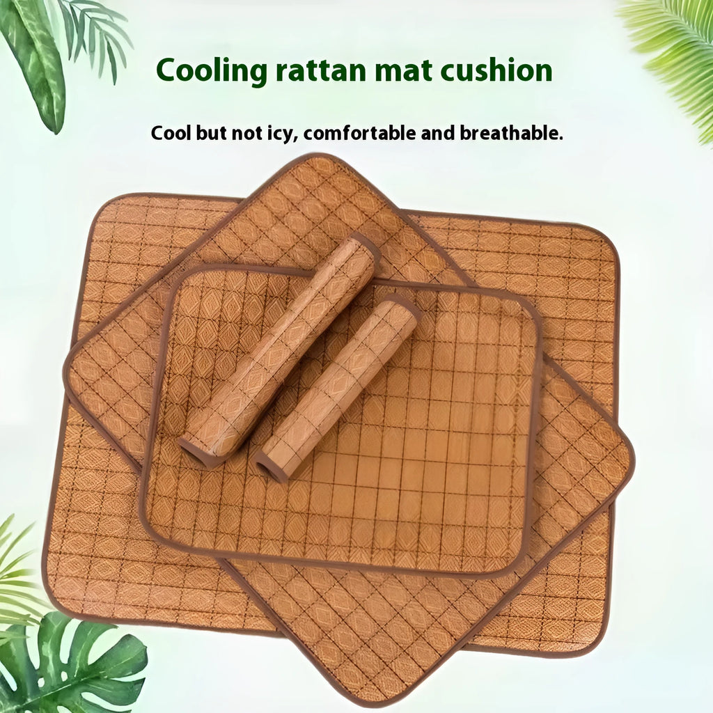 Brown woven rattan fibre cooling mat for dogs on a wooden floor