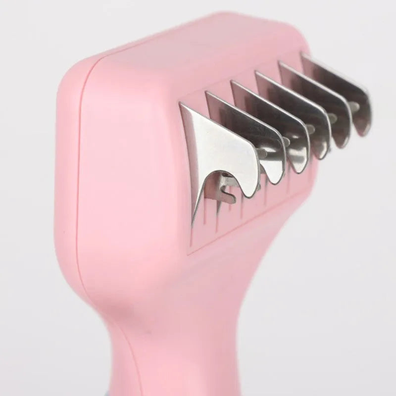 Pink stainless steel pet grooming comb with knot knife on a 170mm long handle.