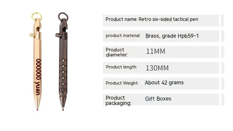 Brass hexagonal roller pen with 0.5mm tip showing six flat sides and retro design