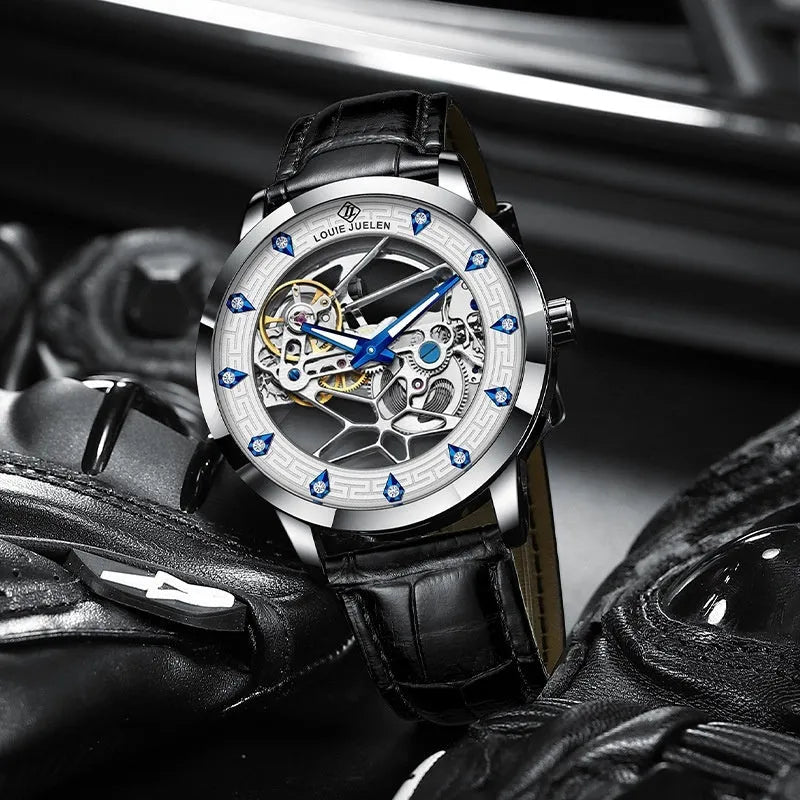 Men's silver stainless steel mechanical watch with white dial, blue luminous hands, and a black leather strap.